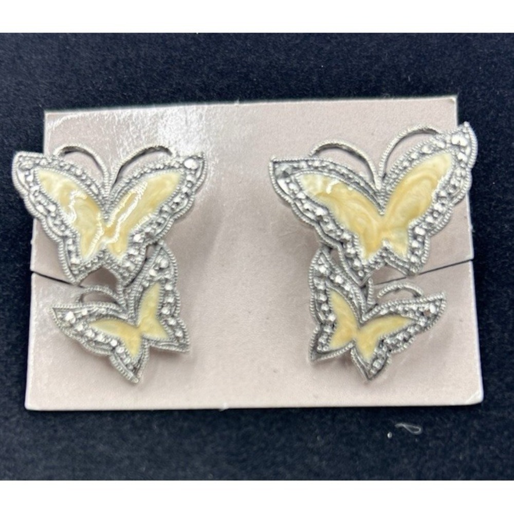 Avon Whispering Wings Butterfly Clip Earrings Pearlized Enamel Faux Marcasite